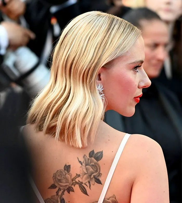scarlett johansson blonde hair lob cut cannes red carpet headshot