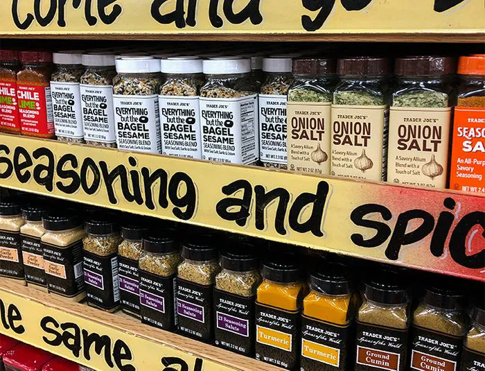 Shelf of Trader Joe's spices and seasonings in store