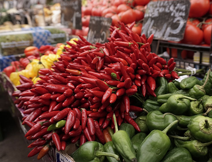 Bunches of fresh chili peppers at the market