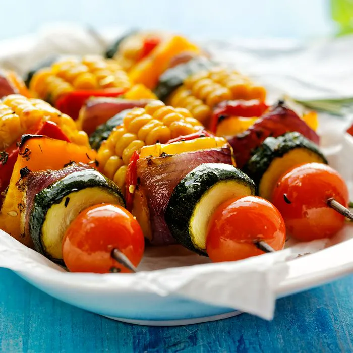 "Closeup of grilled vegetable skewers"