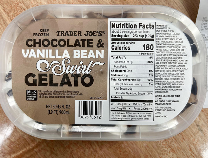 Trader Joe's chocolate and vanilla bean swirl gelato