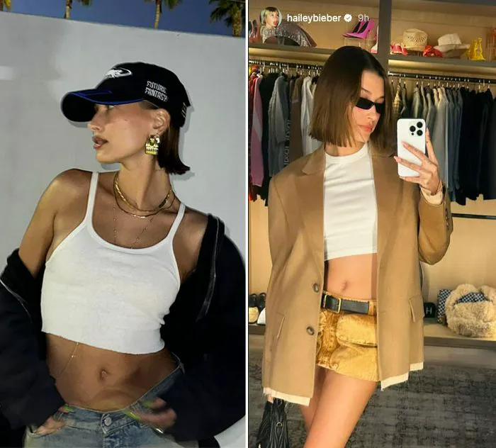 Hailey Bieber white cropped tshirt
