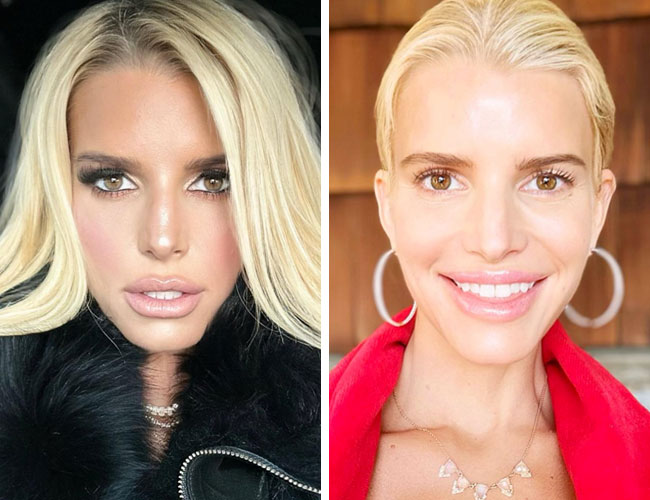 Jessica Simpson glam makeup vs no makeup selfies