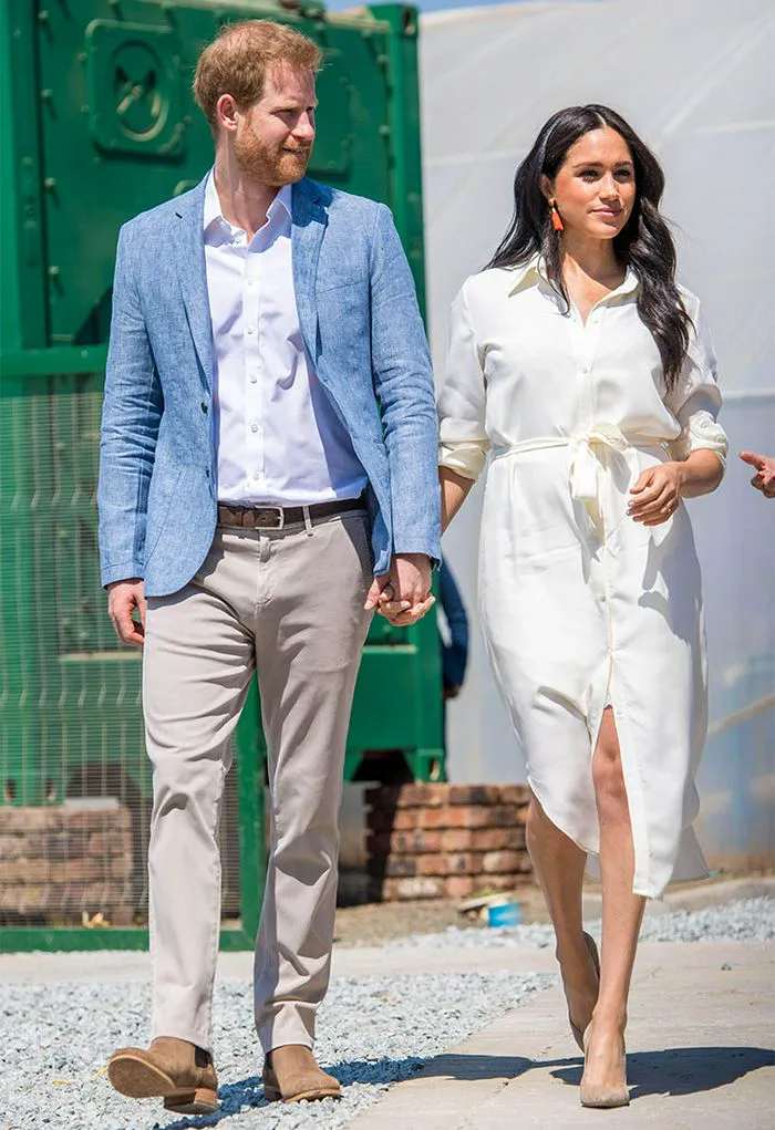 meghan markle prince harry trip south africa white tea-length dress