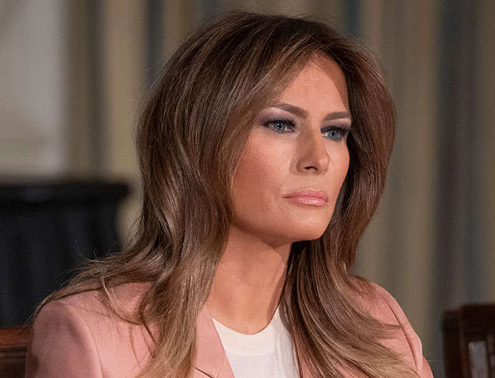 melania trump hosts meeting of interagency working group youth program headshot brown hair pink blazer white shirt