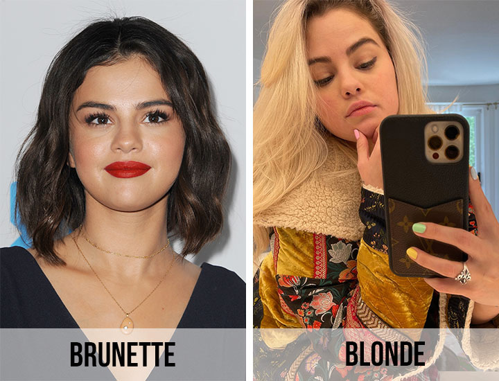 Selena Gomez brunette vs blonde before and after