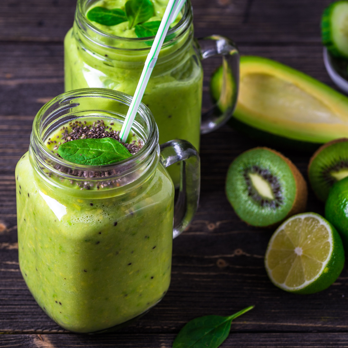 green juice in glass jars