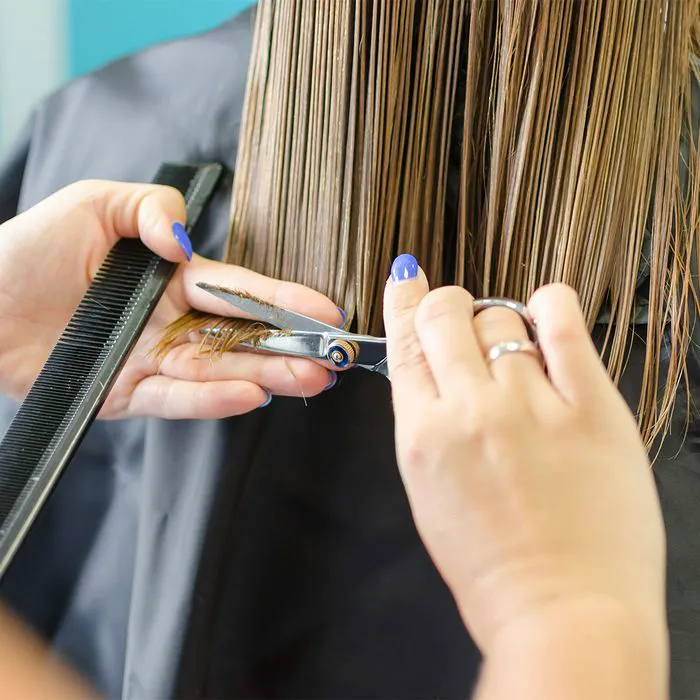 "Hairdresser cutting a woman's hair"