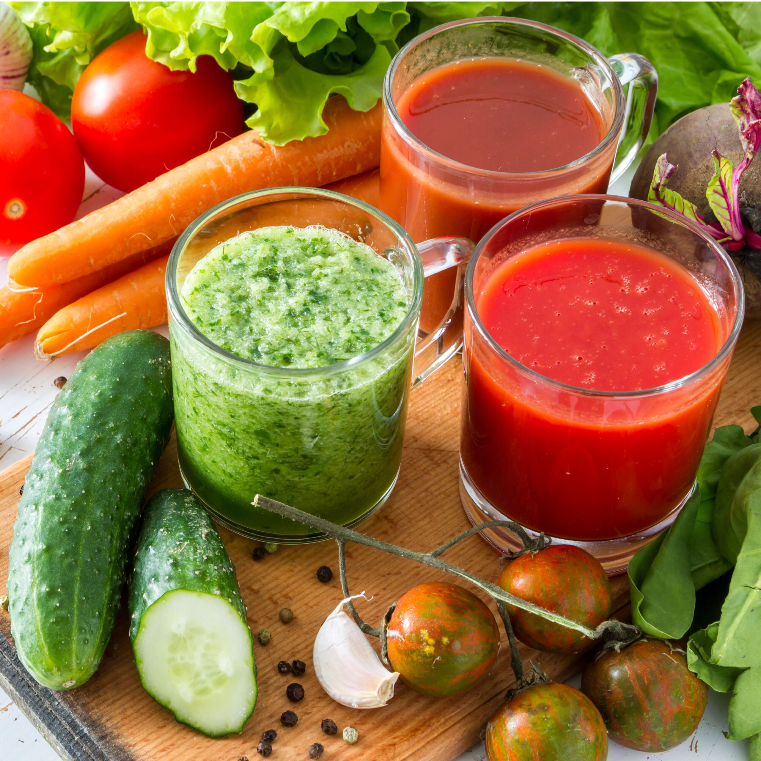 various vegetable juices in glasses
