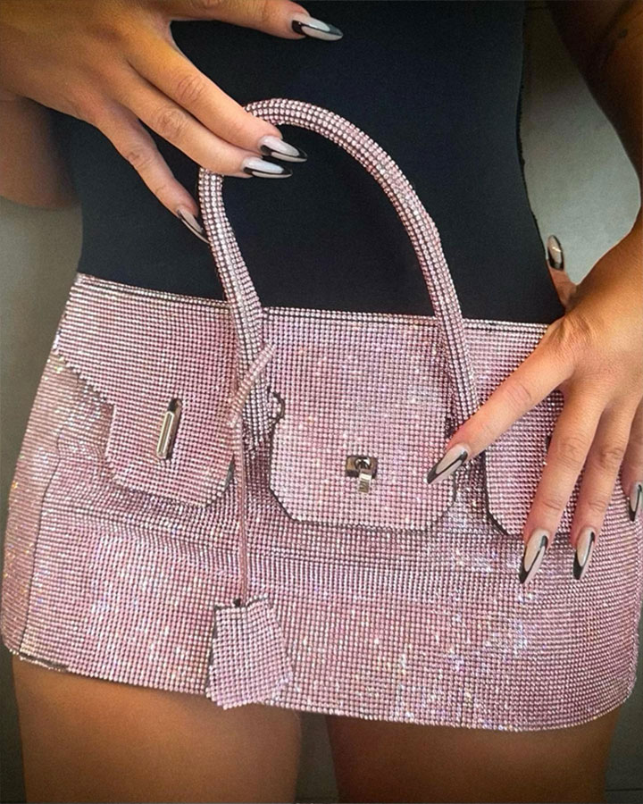Christina Aguilera Namilia pink sparkly purse mini skirt Instagram
