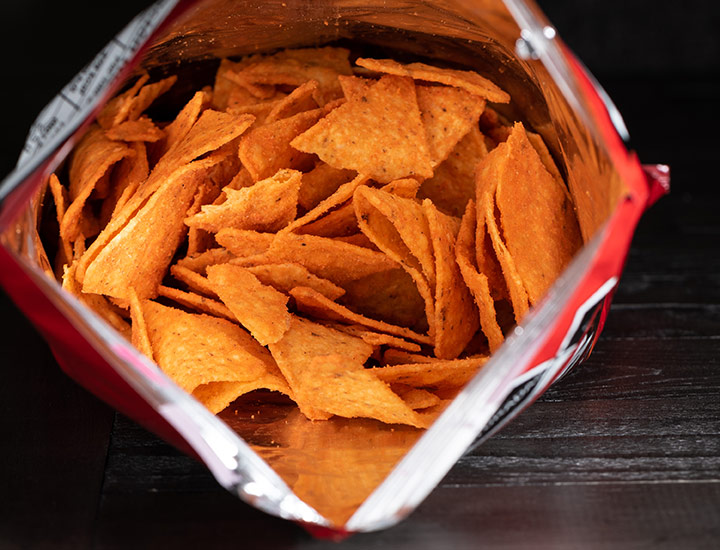 Doritos Nacho Cheese bag view inside of chips