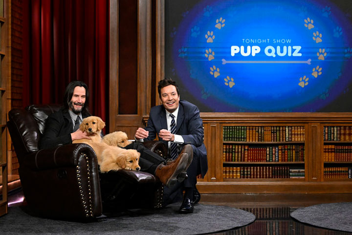 Actor Keanu Reeves and host Jimmy Fallon during Pup Quiz segment on 'The Tonight Show'