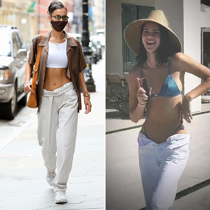 Bella Hadid Kendall Jenner unbuttoned pants trend