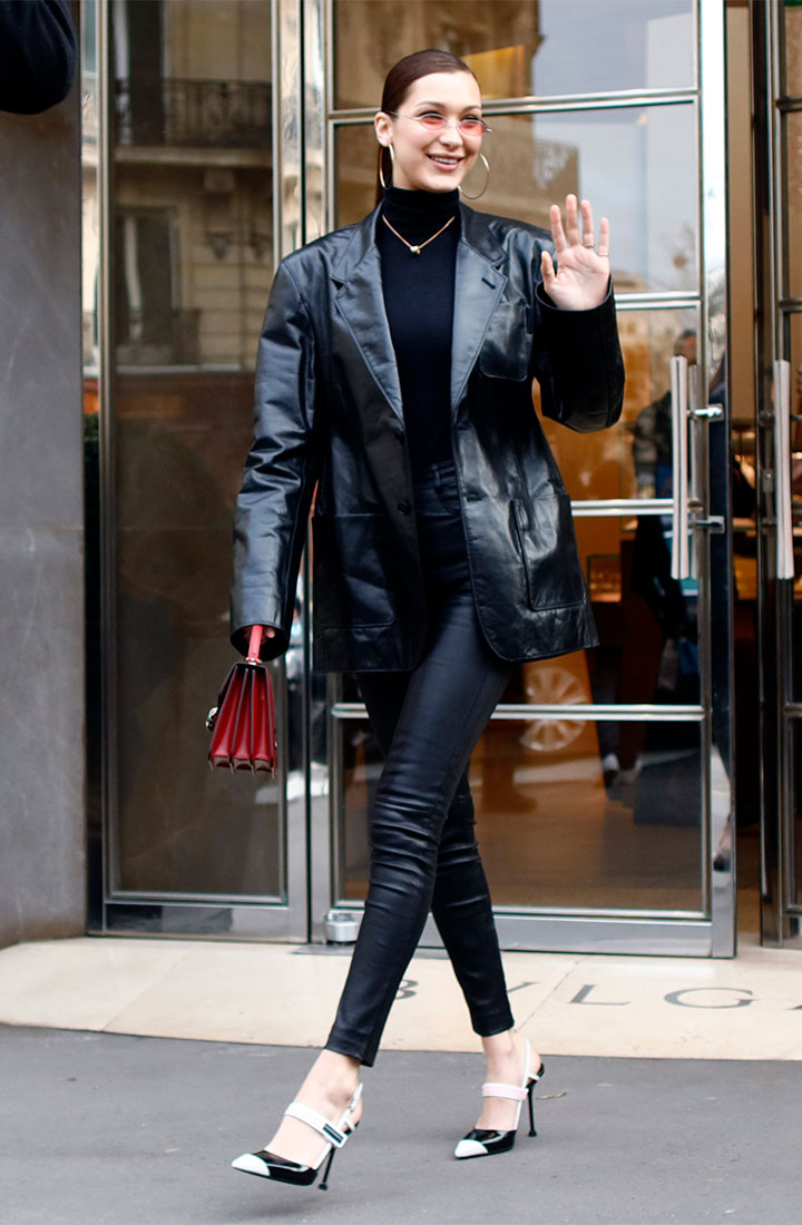 Bella Hadid leather jacket Paris 2018