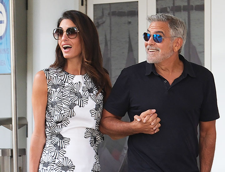 Amal Clooney and George Clooney Venice Film Festival 2023 black and white mini dress