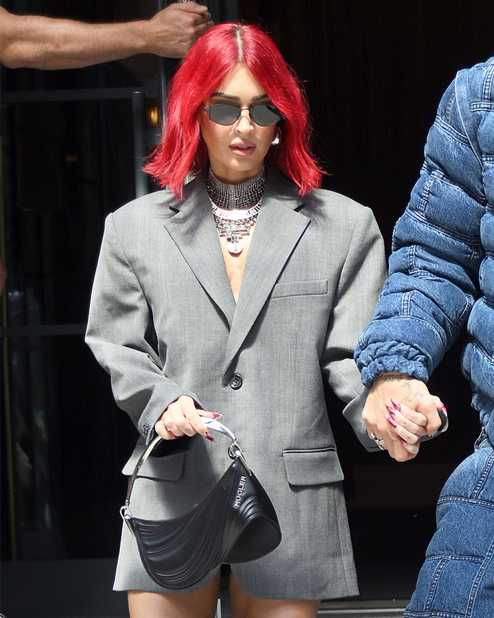 Megan Fox leaving NYC hotel gray oversized jacket red hair