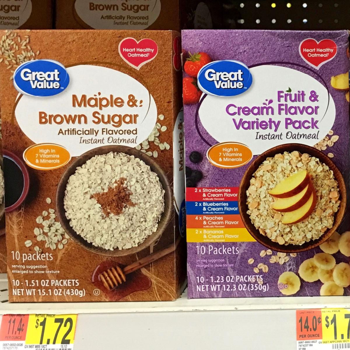 great value boxes of oatmeal on store shelves