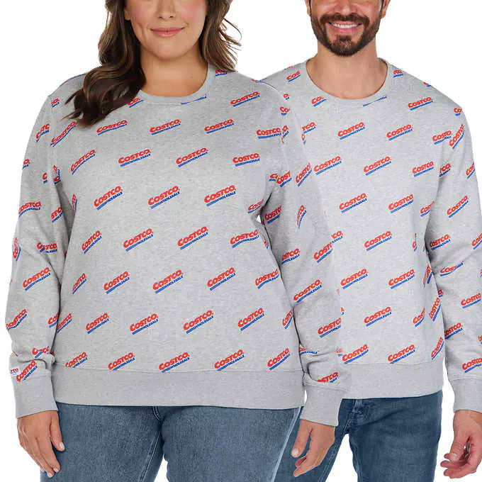 man and woman in matching costco crewnecks