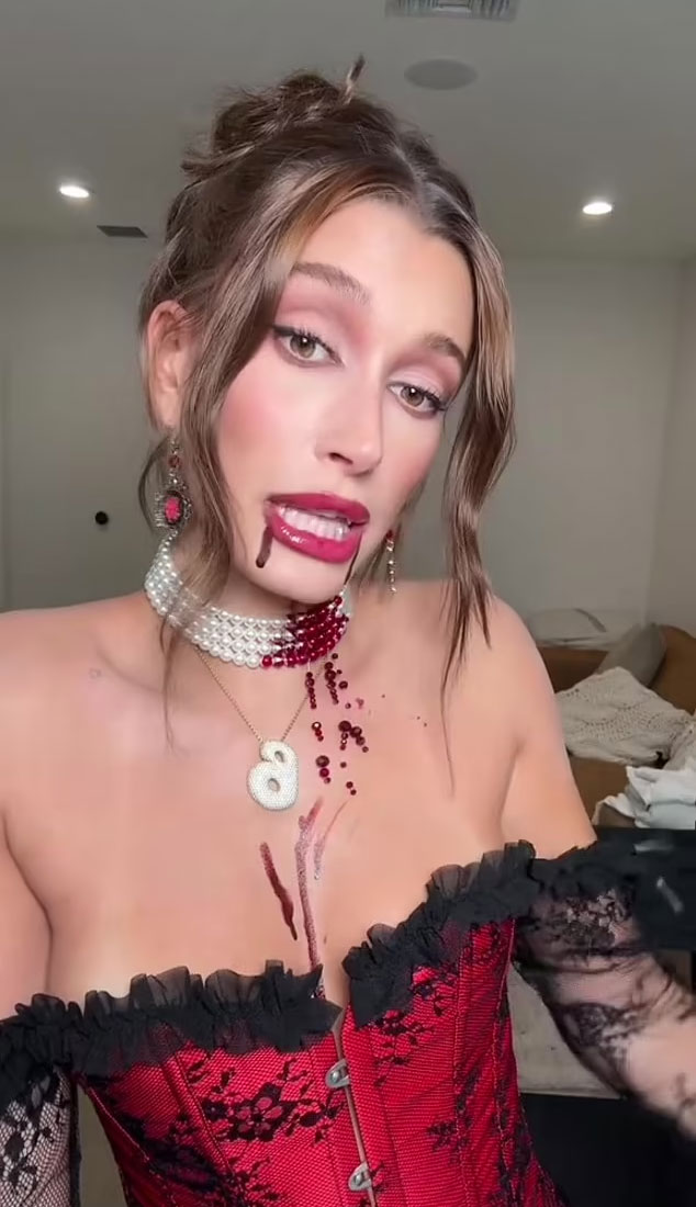 Hailey Bieber Halloween vampire costume red corset TikTok