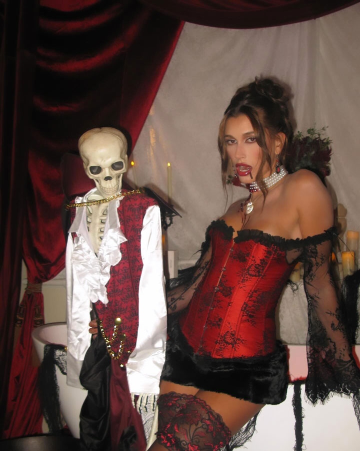 Hailey Bieber Halloween vampire costume red corset Instagram