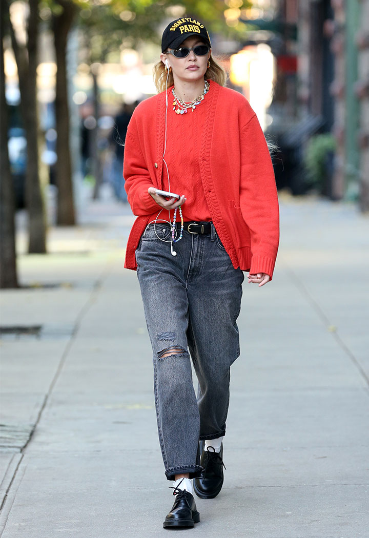 Gigi Hadid red sweater New York street style