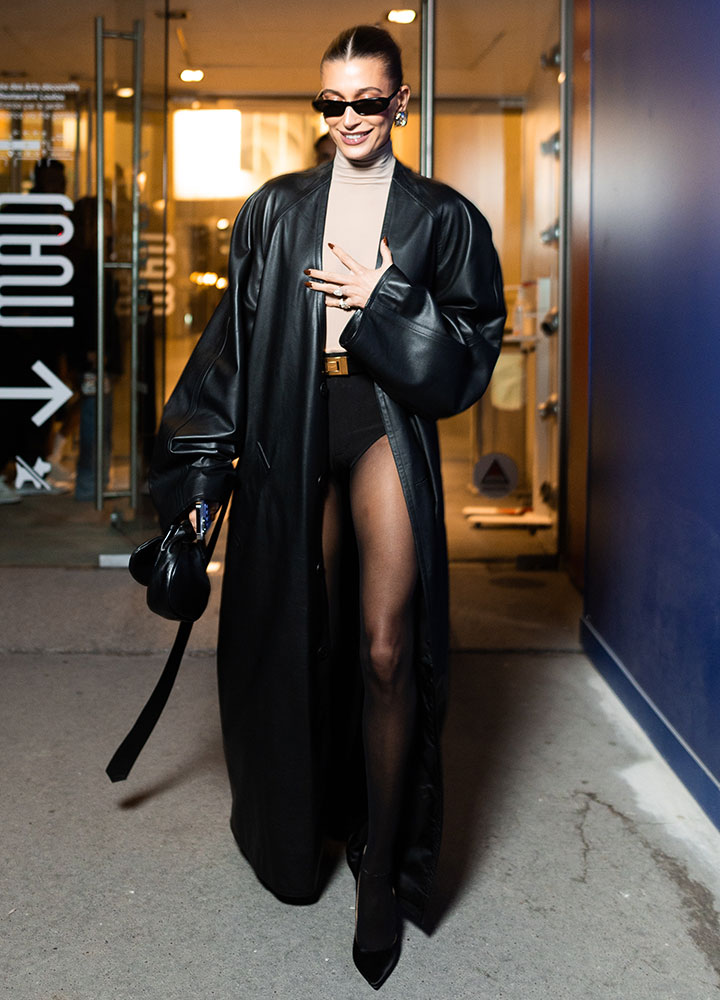 hailey bieber black leather trench coat