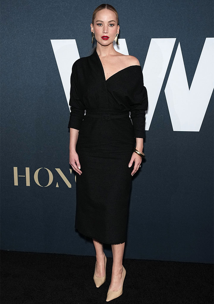 Jennifer Lawrence black Dior dress 2023 WWD Honors red carpet