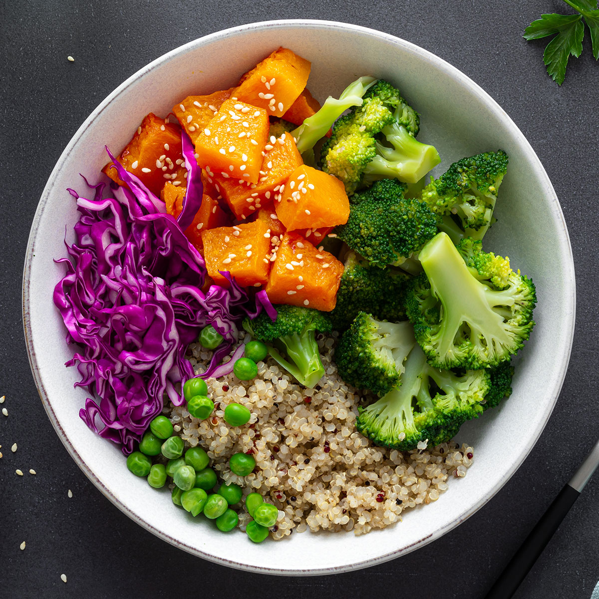 bowl with quinoa, broccoli, squash