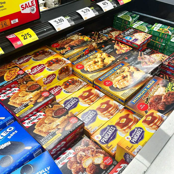 frozen foods in freezer aisle