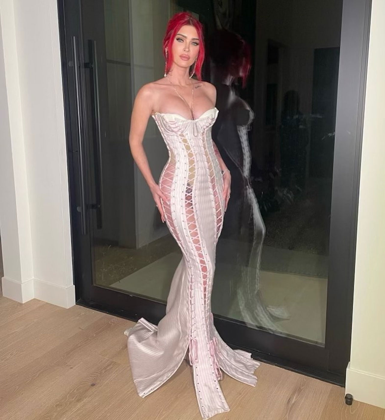 Megan Fox Mirror Palais sheer corset gown Kardashian christmas party