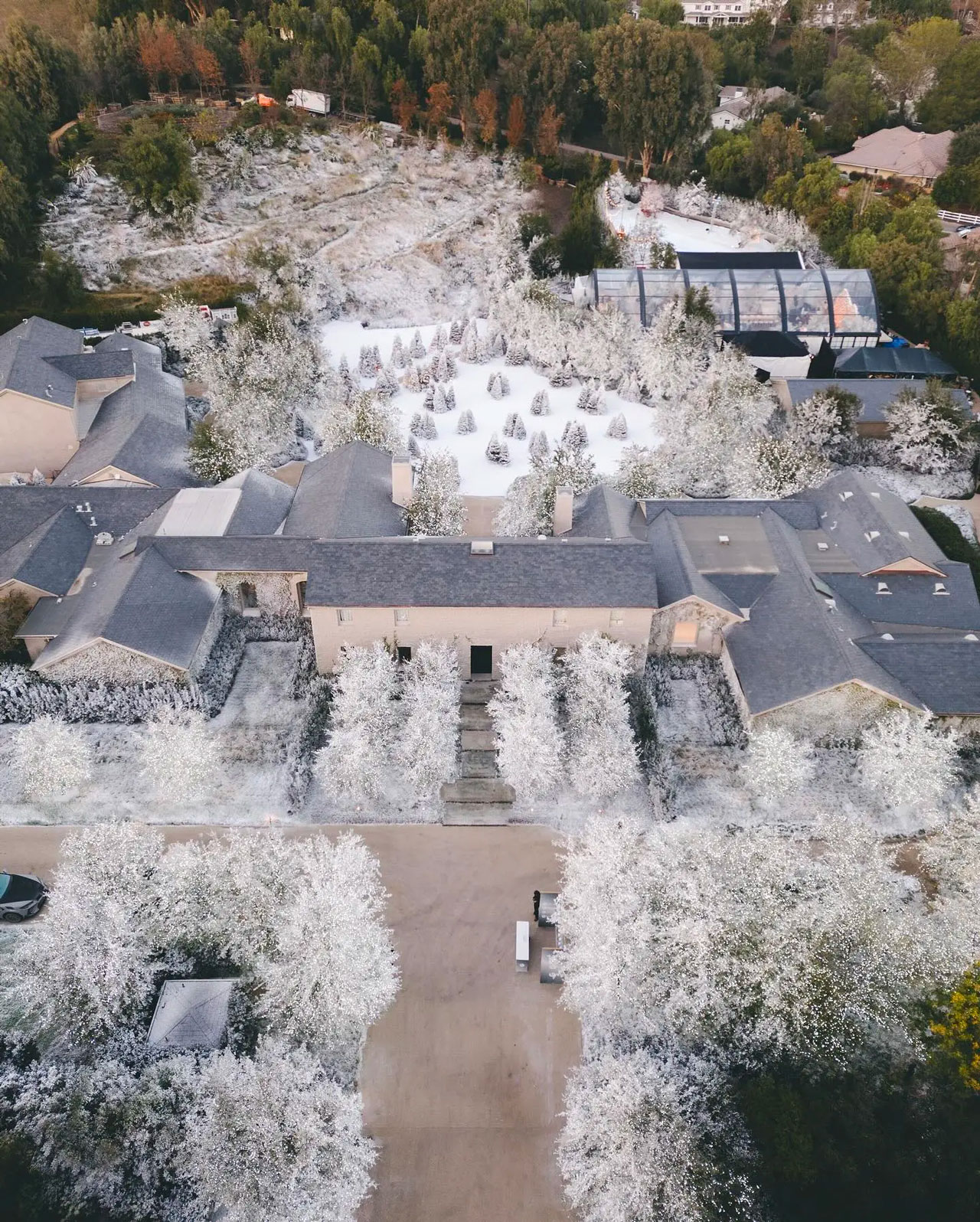 Kim Kardashian winter wonderland LA mansion fake snow aerial view