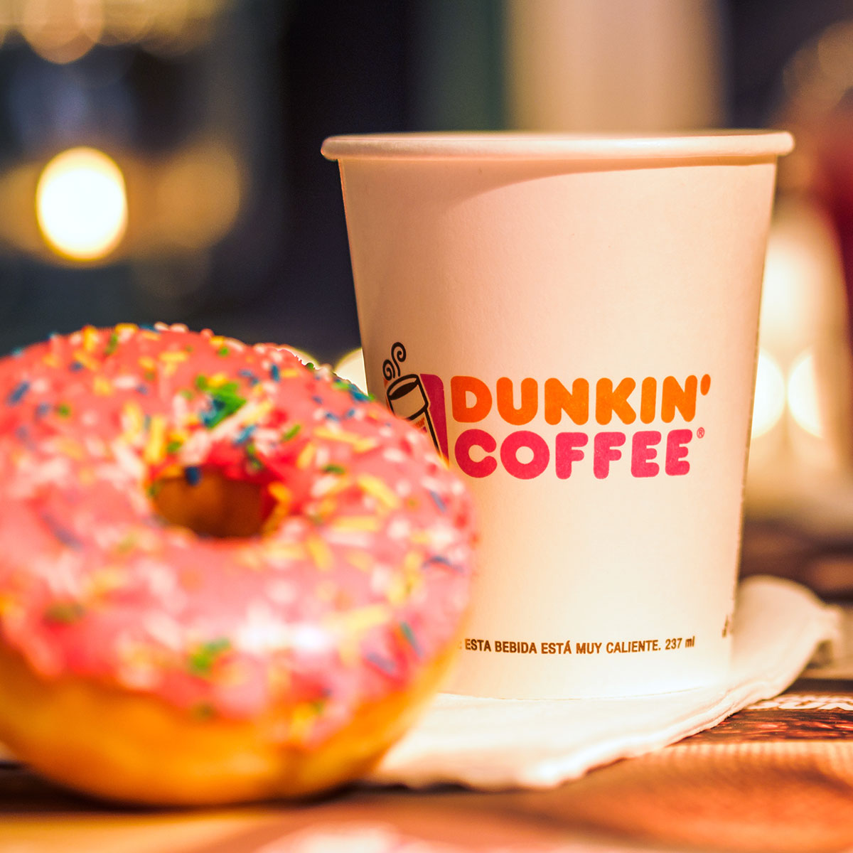dunkin coffee cup and donut