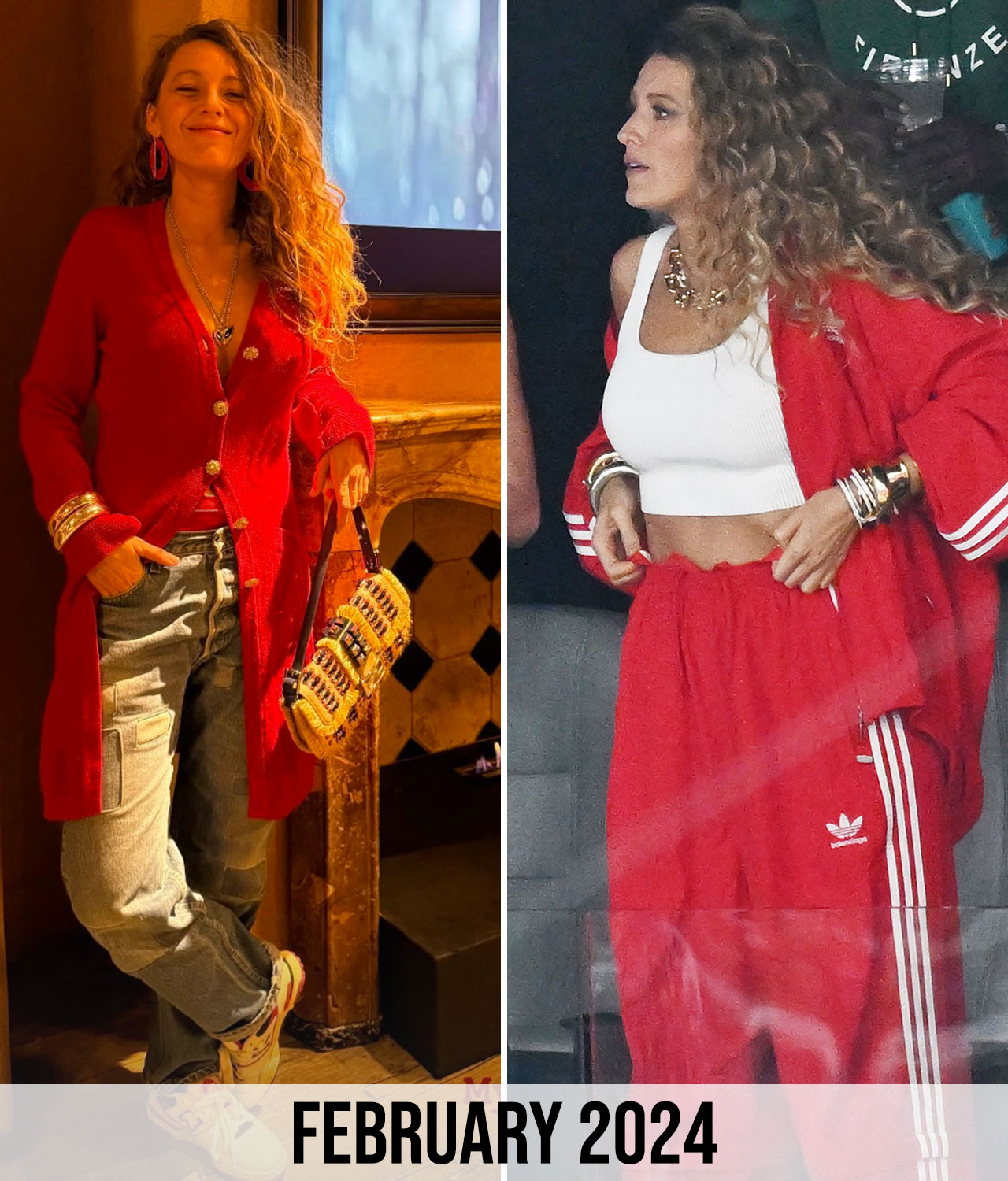 Blake Lively red and white tracksuit Super Bowl red cardigan at home