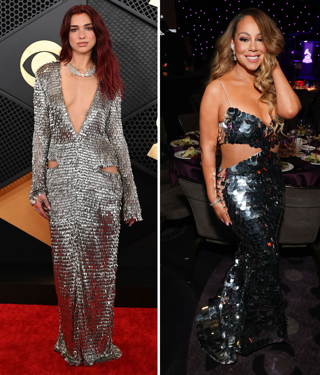 Dua Lipa Mariah Carey side cutout dresses Grammys 2024