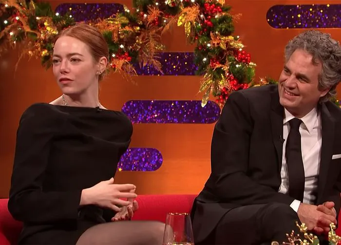 "Emma Stone with Mark Ruffalo during their segment on The Graham Norton Show"