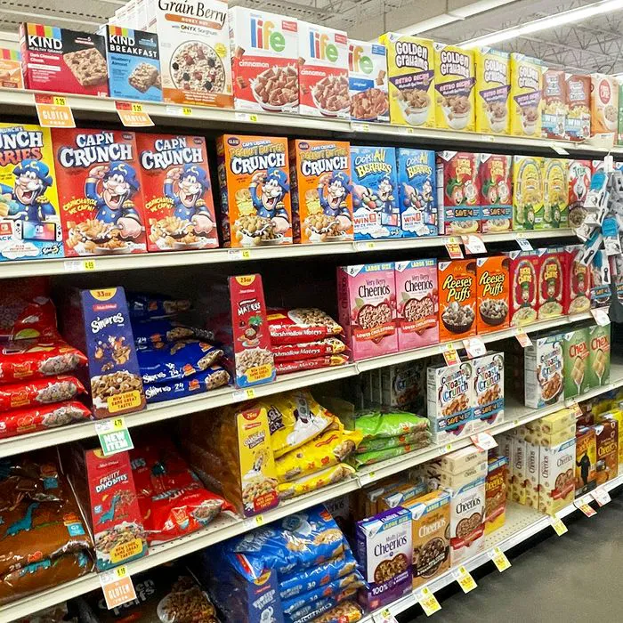 cereal aisle at grocery store