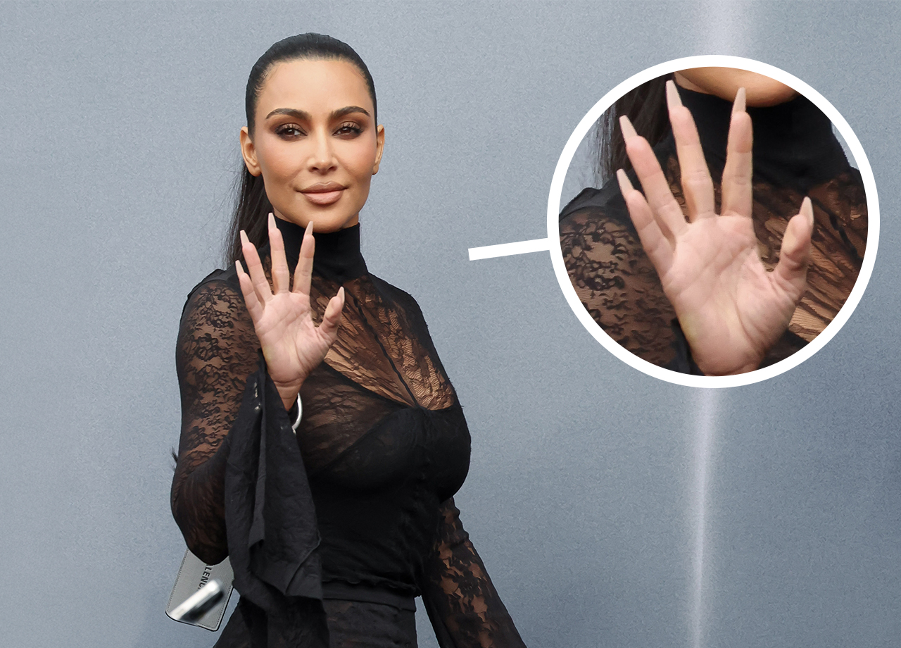 Kim Kardashian wrinkled hand Balenciaga FW24 show Paris
