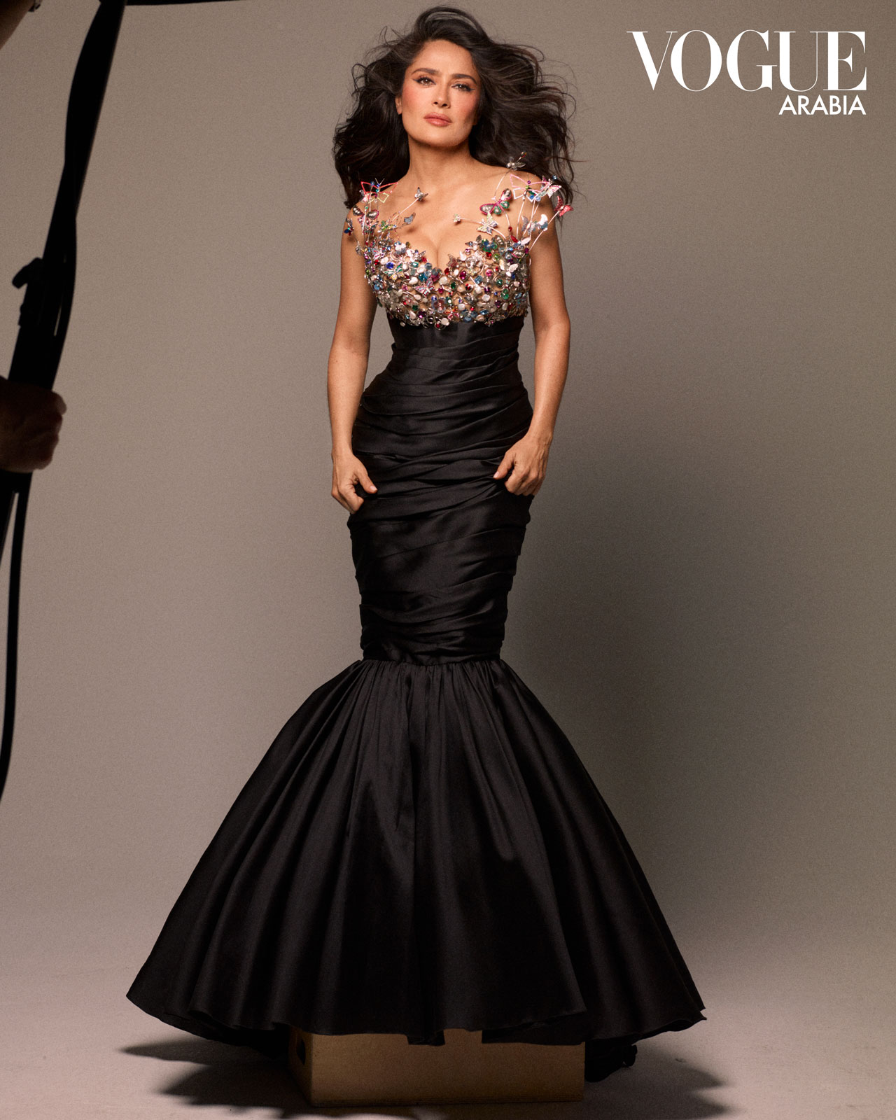 Salma Hayek Vogue Arabia May 2024 issue editorial black dress
