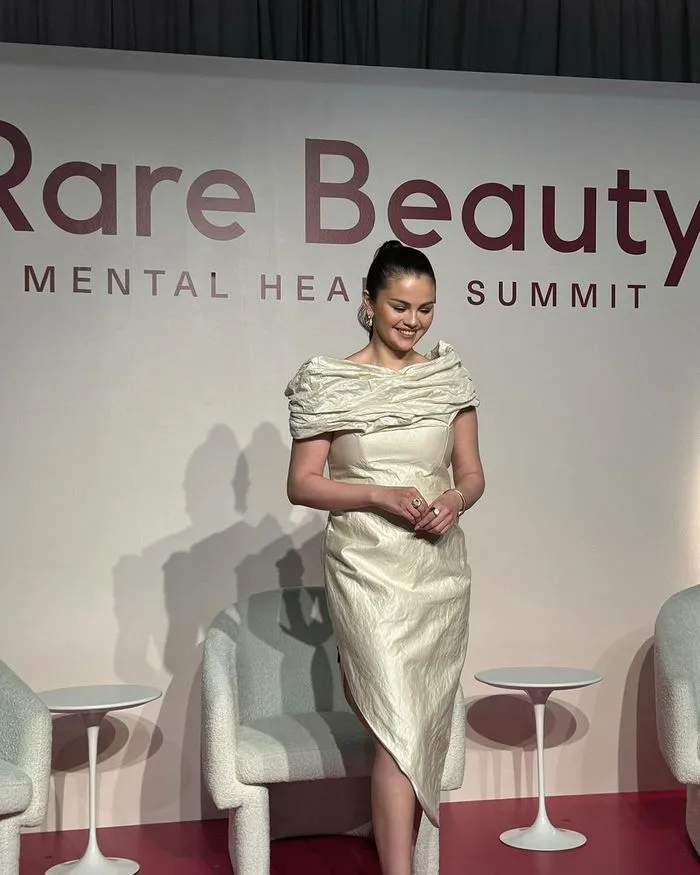 Selena Gomez speaking at the Rare Beauty Mental Health Summit.