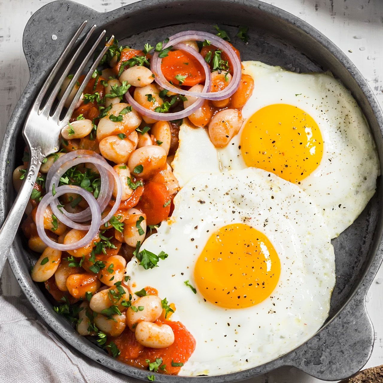 healthy breakfast of beans,eggs, and tomatoes