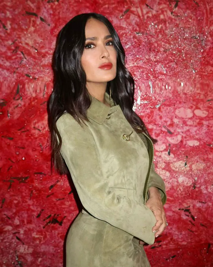 "Close-up of Salma Hayek at Private Gucci Dinner honoring Jannik Sinner"