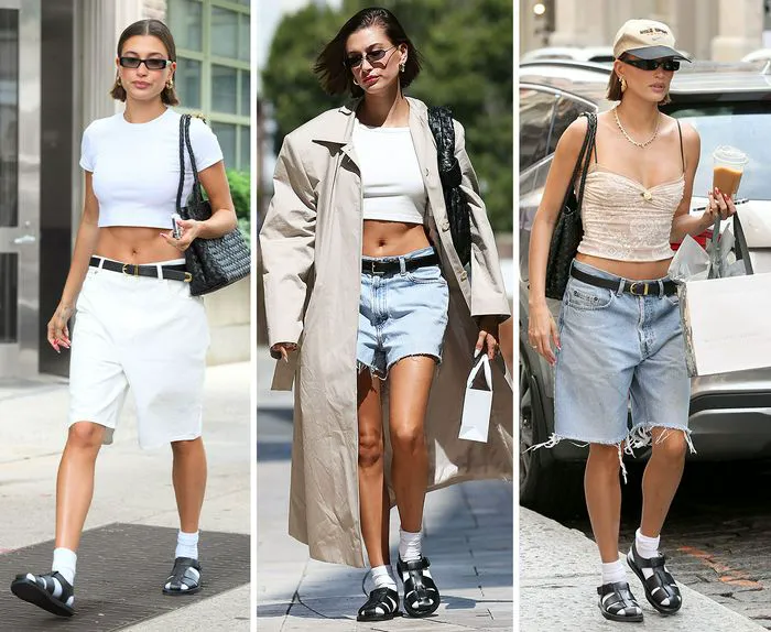 Hailey Bieber wearing black fisherman sandals with white socks