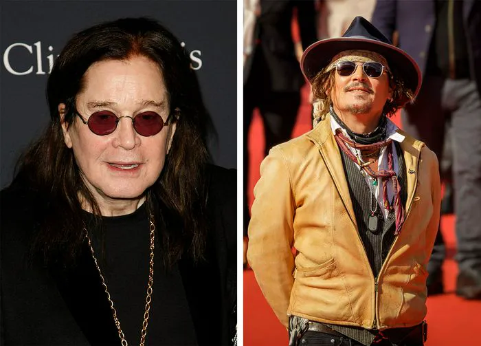 Ozzy Osbourne and Johnny Depp posing together in stylish attire.