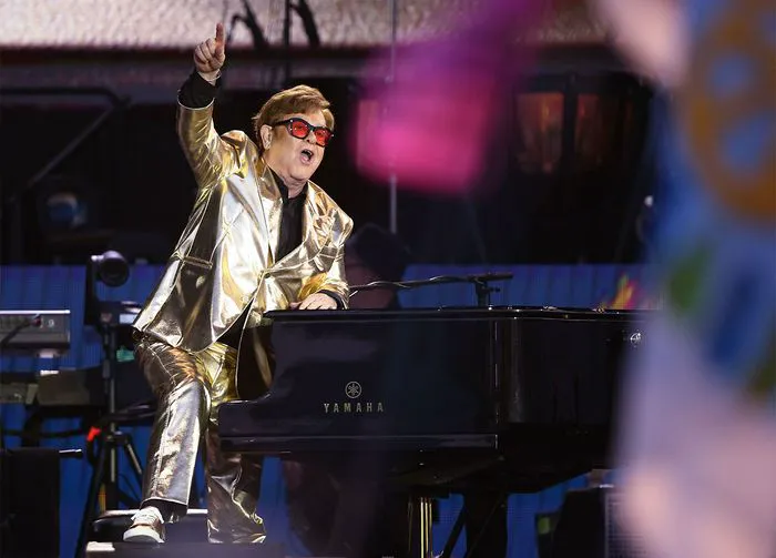Elton John performs on the Pyramid Stage at Glastonbury Festival 2023
