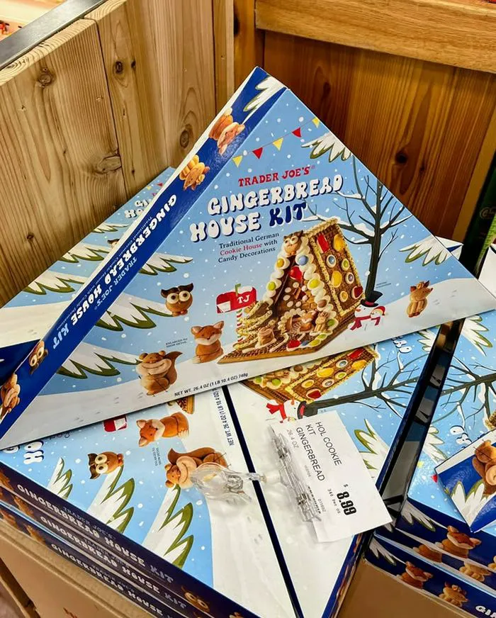 Trader Joe's gingerbread house kit with decorations