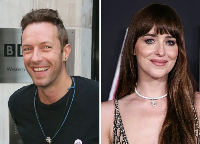 Dakota Johnson and Chris Martin posing for a photo together