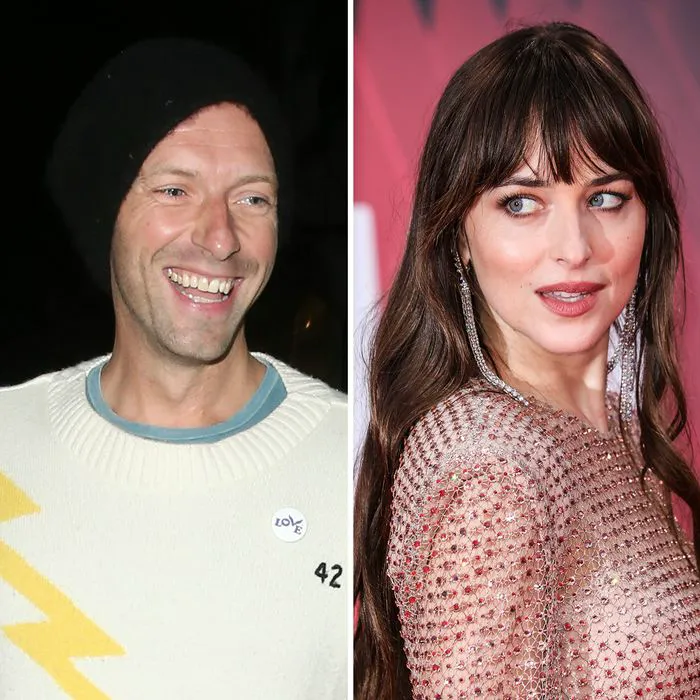 Dakota Johnson and Chris Martin smiling together at an event