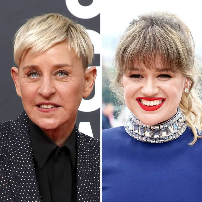 Ellen DeGeneres and Kelly Clarkson posing together at an event.