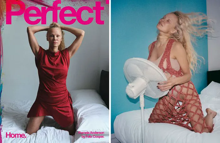 Pamela Anderson Perfect Magazine Issue 6 cover and red dress with fan