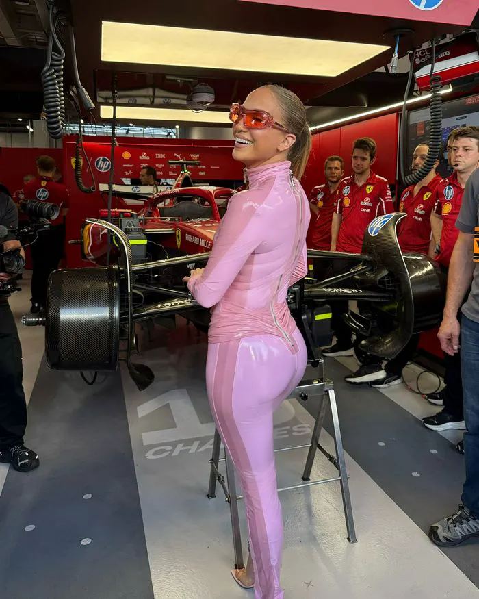 Jennifer Lopez pink latex catsuit F1 Instagram